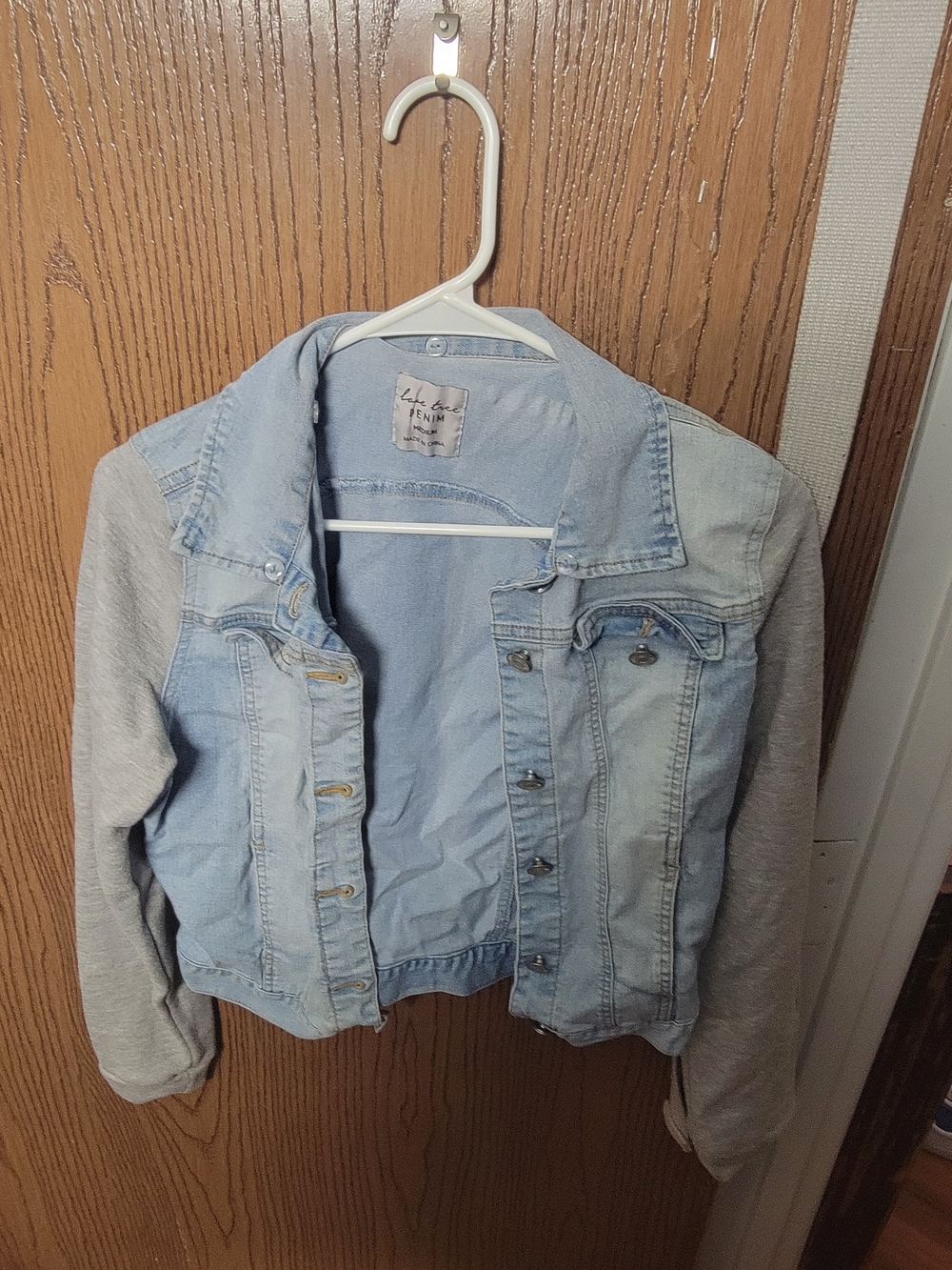 Love Tree Light Blue Denim Jacket with Gray Knit Sleeves